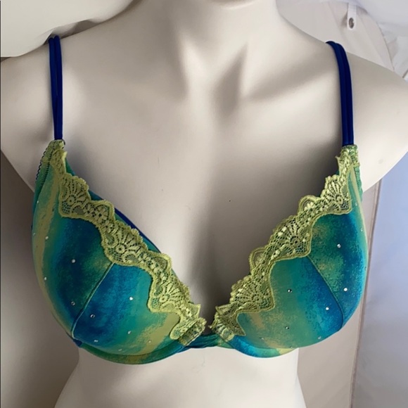 Cacique Other - Cacique blue green rhinestone plunge underwire bra 40D